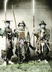 Samurai of Old Japan Armed with Long Bow, Pole Arms and Swords, 1883 (hand coloured albumen photo)
